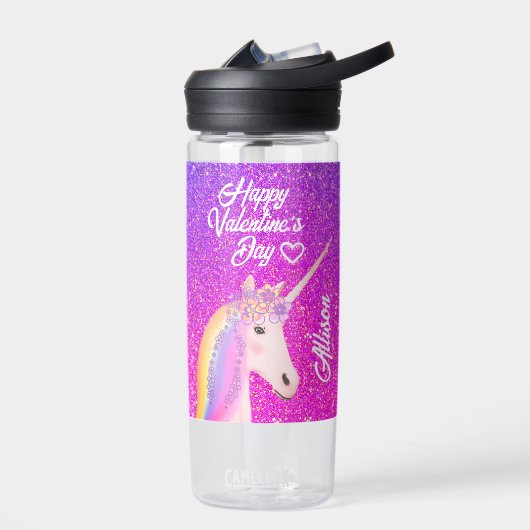 Valentijnse Unicorn Paars Roze Glitter Monogram Waterfles (Links)