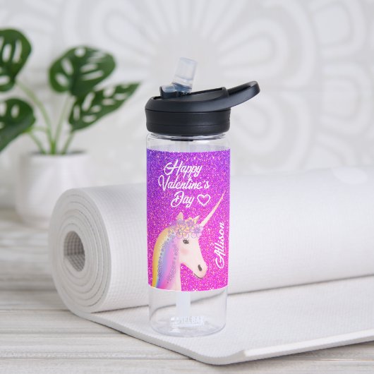 Valentijnse Unicorn Paars Roze Glitter Monogram Waterfles (Links)