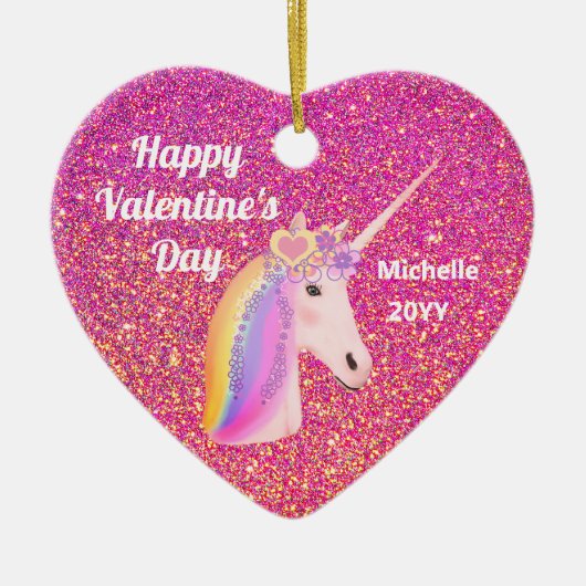 Valentijnse  Unicorn Roze Glitter Persoonlijk Keramisch Ornament (Voorkant)
