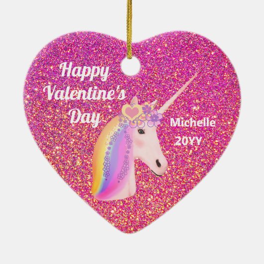 Valentijnse  Unicorn Roze Glitter Persoonlijk Keramisch Ornament (Achterkant)