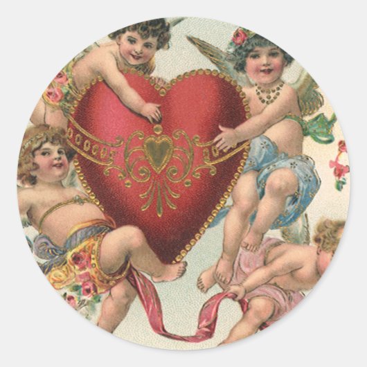 Valentijnse , Victoriaans engelen Cherubs hart Ronde Sticker (Voorkant)