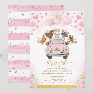 Valentijnse  Woodland Pink Gold Balloons Baby show Kaart