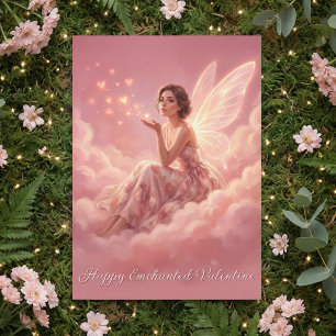 Valentijnsfee op Roze Wolken Fantasie Kunst Feestdagenkaart