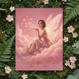 Valentijnsfee op Roze Wolken Fantasie Kunst Feestdagenkaart