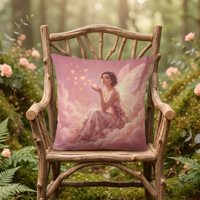 Valentijnsfee op Roze Wolken Fantasie Kunst Kussen (Creator heeft geüpload)