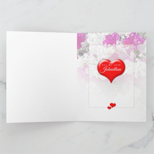 Valentijnshart diep rood op bloemrijk roze wit kaart (Binnen)