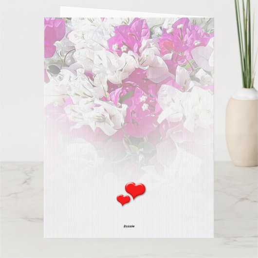Valentijnshart diep rood op bloemrijk roze wit kaart (Achterkant)