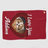 Valentijnshart hond liefde Aangepaste foto naam op Golfhanddoek (Horizontaal)