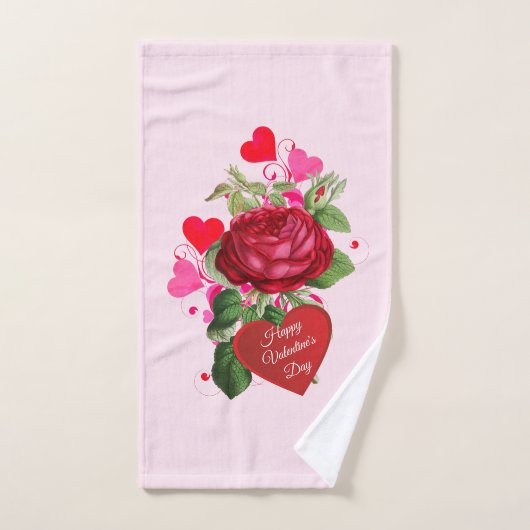 Valentijnshartjes en Rode Roos Handdoek (Handdoek)