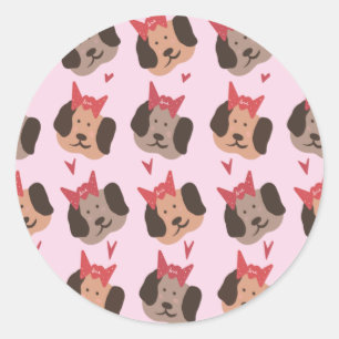 Valentijnshondjes met Strikjes Hartpatroon  Ronde Sticker