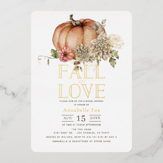 Valentijnshower met oranje pompoen en bloemen folie uitnodiging (Voorkant)