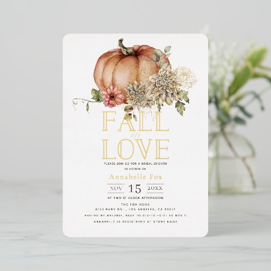 Valentijnshower met oranje pompoen en bloemen folie uitnodiging (Staand Voorkant)