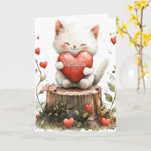 Valentijnskaart Kitten Rode Harten Kaart (Gele Bloem)