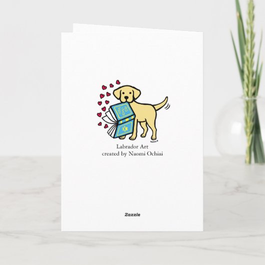 Valentijnskaart met gele labrador en liefdesboek feestdagen kaart (Achterkant)
