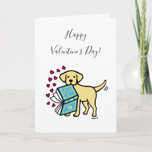 Valentijnskaart met gele labrador en liefdesboek feestdagen kaart (Voorkant)