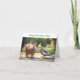 Valentijnskaart met koketiel en bloemen, eigen naa kaart