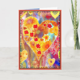 Valentijnskaart met roze, rode, gele en blauwe tin kaart