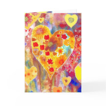 Valentijnskaart met roze, rode, gele en blauwe tin