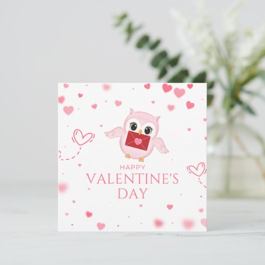 Valentijnskaart met uil en roze harten feestdagenkaart (Staand voorkant)