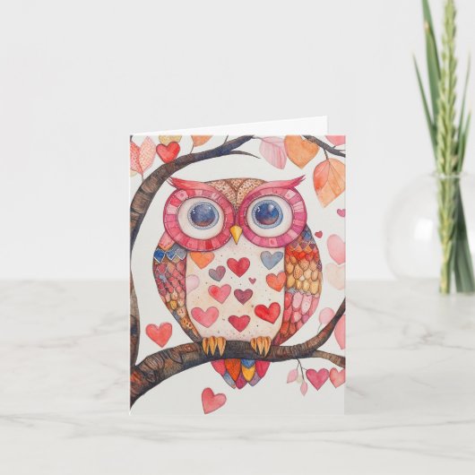 Valentijnskaart met waterverf uil patchwork feestdagen kaart (Voorkant)