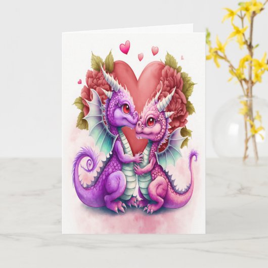 Valentijnskaart van een lief drakenkoppel in het p kaart (Gele Bloem)