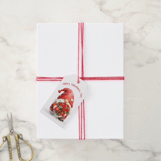 Valentijnskabouter met bos rode rozen cadeaulabel (Met Touw)