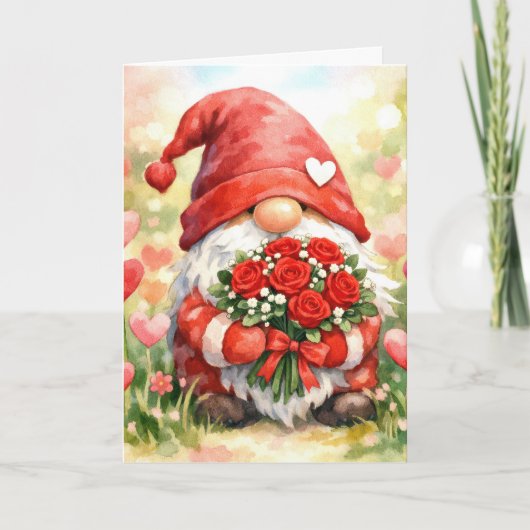 Valentijnskabouter met bos rode rozen kaart (Voorkant)
