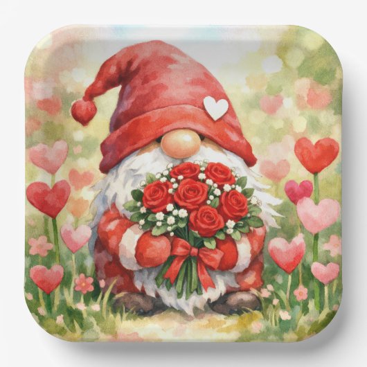 Valentijnskabouter met bos rode rozen papieren bordje (Voorkant)