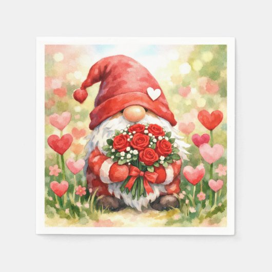 Valentijnskabouter met bos rode rozen servet (Voorkant)