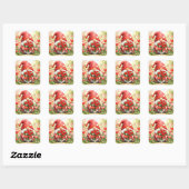 Valentijnskabouter met bos rode rozen vierkante sticker (Vel)