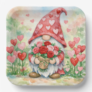 Valentijnskabouter met rode rozen papieren bordje