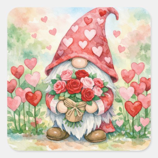 Valentijnskabouter met rode rozen vierkante sticker (Voorkant)