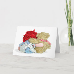 Valentijnslappenpop en teddybeer knuffelen kaart