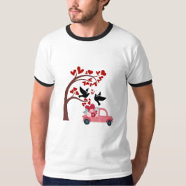Valentijnsliefdesvogels & Bloemrijke Roze Truck T- T-shirt