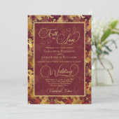 Valentijnsrood & Goud Herfstbladeren Bruiloft Kaart (Staand voorkant)