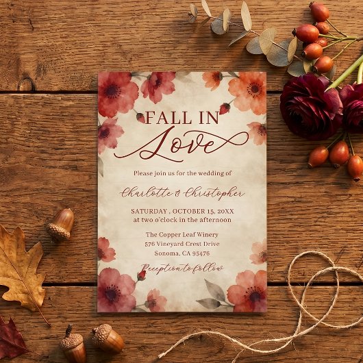 Valentijnsrood herfst waterverf bruiloft kaart