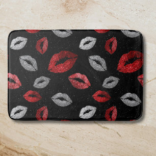 Valentijnsrood Zilver Glitter Lippen op Zwart Badmat