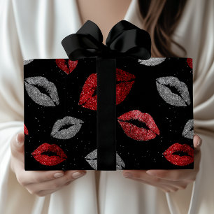 Valentijnsrood Zilver Glitter Lippen op Zwart Cadeaupapier
