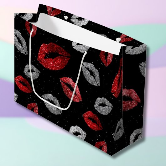 Valentijnsrood Zilver Glitter Lippen op Zwart  Groot Cadeauzakje