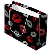 Valentijnsrood Zilver Glitter Lippen op Zwart  Groot Cadeauzakje (Voorkant Gekanteld)