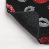 Valentijnsrood Zilver Glitter Lippen op Zwart Muismat (Hoek)
