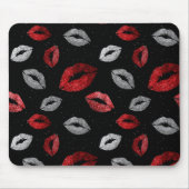 Valentijnsrood Zilver Glitter Lippen op Zwart Muismat (Voorkant)