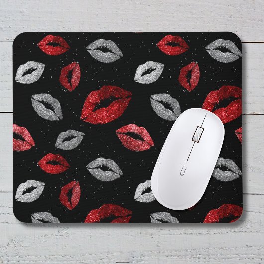Valentijnsrood Zilver Glitter Lippen op Zwart Muismat