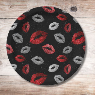 Valentijnsrood Zilver Glitter Lippen op Zwart Papieren Bordje