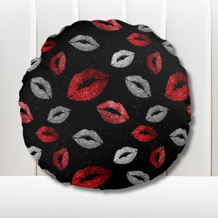 Valentijnsrood Zilver Glitter Lippen op Zwart  Rond Kussen