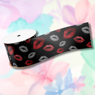 Valentijnsrood Zilver Glitter Lippen op Zwart Satijnen Lint