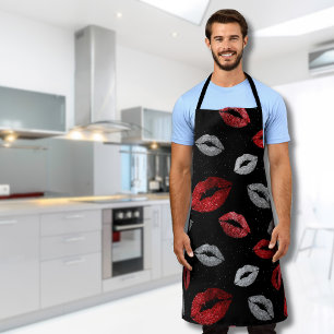 Valentijnsrood Zilver Glitter Lippen op Zwart  Schort