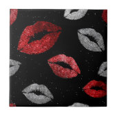 Valentijnsrood Zilver Glitter Lippen op Zwart Tegeltje (Voorkant)