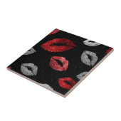 Valentijnsrood Zilver Glitter Lippen op Zwart Tegeltje (Zijkant)