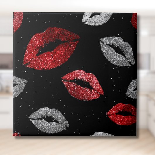 Valentijnsrood Zilver Glitter Lippen op Zwart Tegeltje